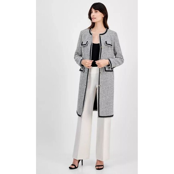 Anne Klein Women's Chic Tweed Fabric Collarless Long Jacket TopCoat Blazer Siz 2